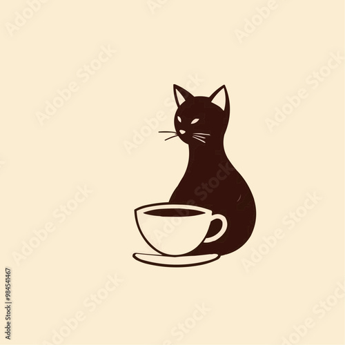 Stylish minimalist logo featuring a black cat next to a coffee cup in a simple design