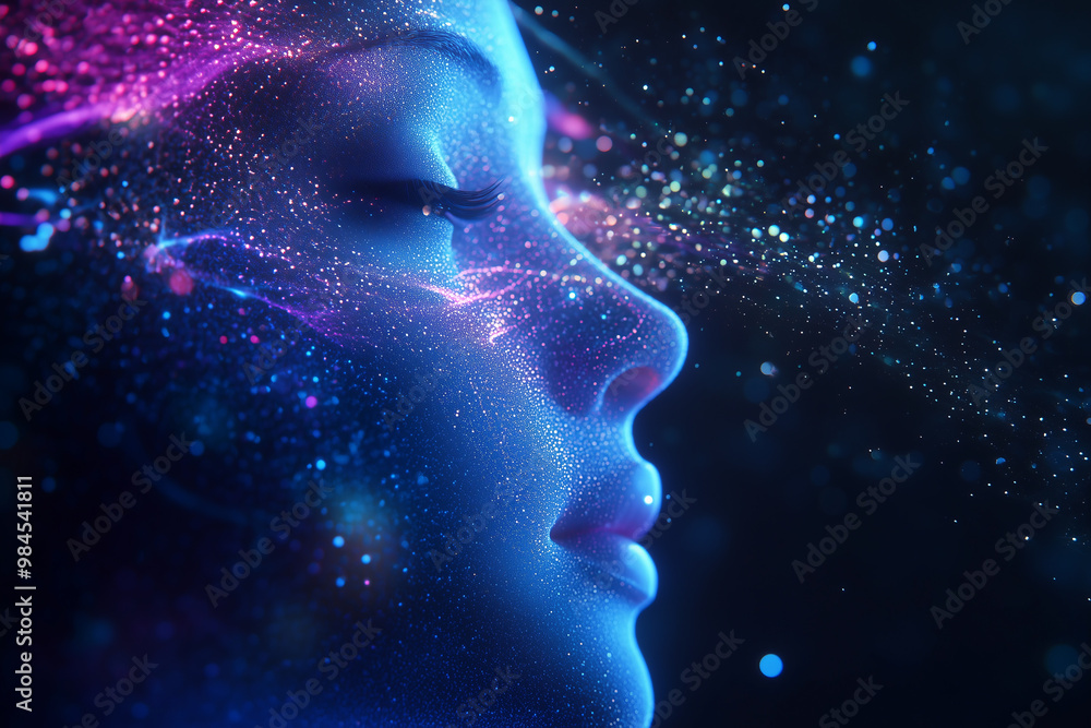 A close-up of a woman's face with colorful lights, glowing and emanating from her skin. A close-up of a woman's face with colorful lights, glowing and emanating from her skin.