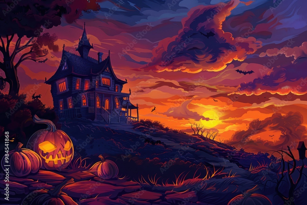 Haunted House on a Hill with Pumpkins and Sunset Haunted House on a Hill with Pumpkins and Sunset