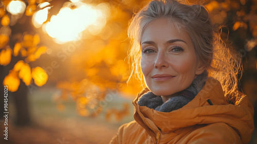 Smiling woman in an orange jacket in a fall setting.