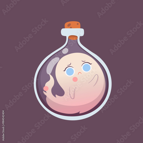 Cute Halloween ghost character in a bottle, pleasant charming adorable creature. Funny magic kawaii demon, mystery creative nowadays vector clipart.