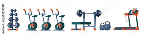 Gym equipment for workout set. Training accessories for sport club or home exercises. Treadmill, bikes, dumbbells, bench with barbell. Bodybuilding, weightlifting. Isolated flat vector illustration.