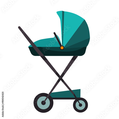 Baby pram, carriage. Newborn pushchair. Baby aquamarine stroller for boy or girl. Wheeled cradle for walking. Kids transport with canopy. Flat vector illustration isolated on transparent background.