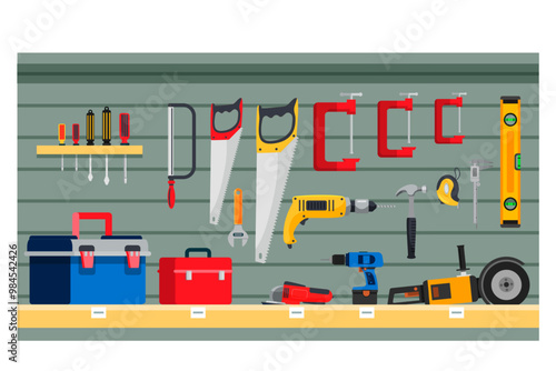 Hardware shop interior design display elements. Stand with toolkits, saws, hammers, screwdrivers, boxes vector illustration. Tools and materials assortment for renovation.