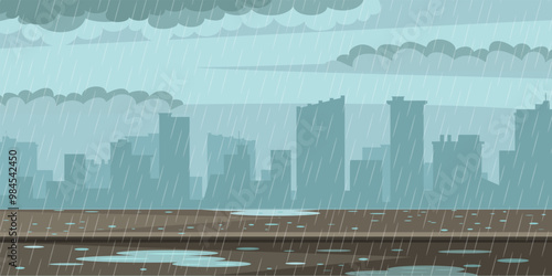 Rainy street background. Rain in city. Autumn or spring storm on cityscape. Outdoor urban street in rain, pavement in puddles, sky with clouds. Cartoon vector illustration.