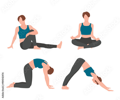 Woman yoga poses vector illustration set. Female person practicing different asanas poses. Meditation, relaxation. Healthy living. Sports club, fitness exercises banner, poster, design element.
