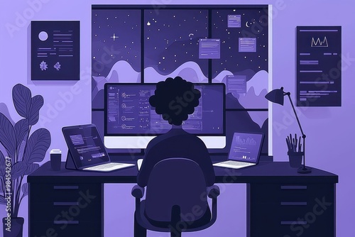 Person working late into the night at a computer desk in a dark office