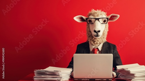 Sheep in Suit Using Laptop at Office Desk photo