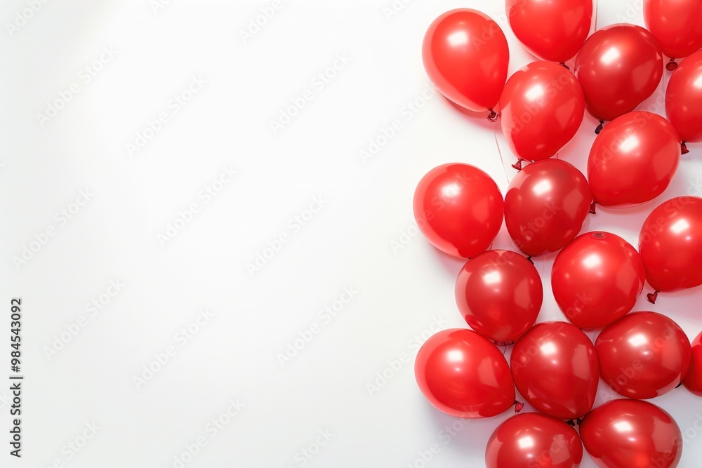 Many red balloons isolated on the right of a white background with empty copy space for text. Many red balloons isolated on the right of a white background with empty copy space for text.