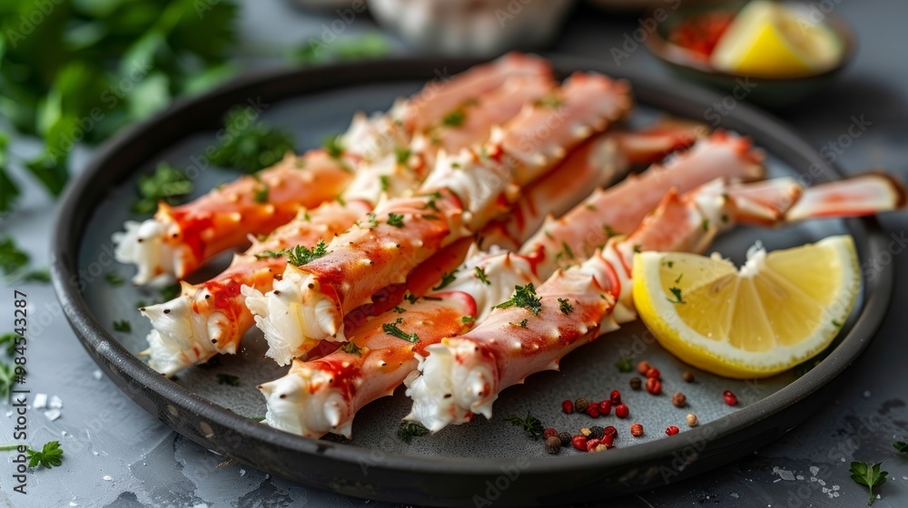 Red king crab legs with lemon on a plate Red king crab legs with lemon on a plate