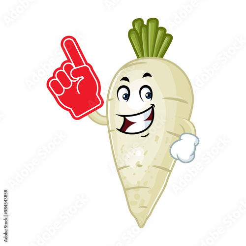 Cute cartoon daikon radish character wearing foam finger cheering. Illustration for kids.
