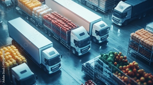 Integrated Logistics for Food Distribution, showcasing trucks loaded with fresh goods, efficiently departing from a bustling distribution center to ensure timely delivery. photo