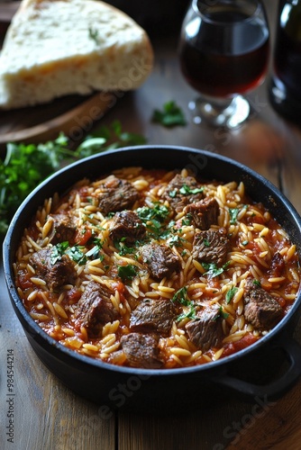 Youvetsi: A Greek dish made with orzo and slow-cooked meat, typically lamb or beef, in a rich tomato sauce. photo