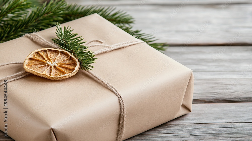 A beautifully wrapped gift adorns a wooden surface, decorated with a dried orange slice and a sprig of pine, creating a natural, festive atmosphere for the holidays A beautifully wrapped gift adorns a wooden surface, decorated with a dried orange slice and a sprig of pine, creating a natural, festive atmosphere for the holidays