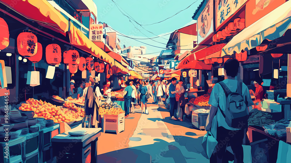 Naklejka premium A bustling asian market in pop art style, bold colors, stylized food stalls, and exaggerated figures. Street Market. Illustration