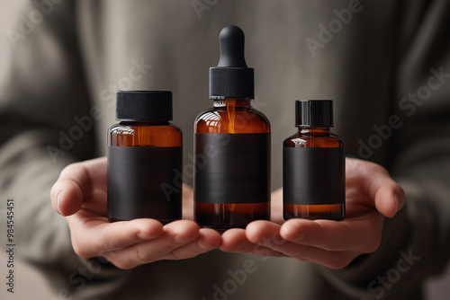 Hands holding three amber glass bottles with dark labels; used for essential oils, skincare, or aromatherapy. photo