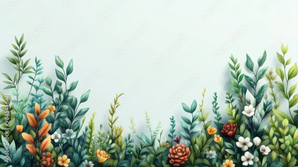 Vibrant Floral Background with Lush Greenery and Blooms Vibrant Floral Background with Lush Greenery and Blooms