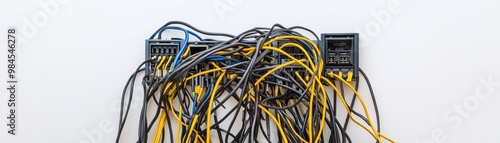 A tangled mess of colorful electrical wires and cables against a white background, showcasing chaos in connectivity.