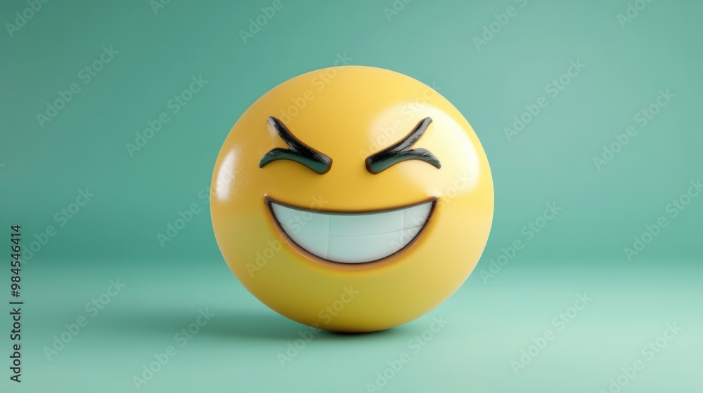 Fototapeta premium Smirking emoji with a mischievous expression on a pastel green background, ideal for playful or sarcastic themes.