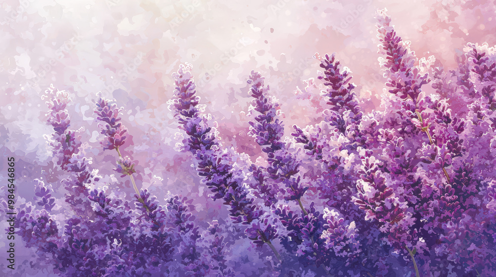 Lavender blooms create an intricate display of purple hues, beautifully illuminated by soft sunlight. This serene scene evokes sense of calm and tranquility Lavender blooms create an intricate display of purple hues, beautifully illuminated by soft sunlight. This serene scene evokes sense of calm and tranquility
