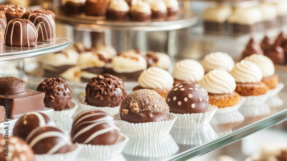 An enticing display of assorted chocolates and truffles, perfect for dessert lovers and confectionery enthusiasts. An enticing display of assorted chocolates and truffles, perfect for dessert lovers and confectionery enthusiasts.