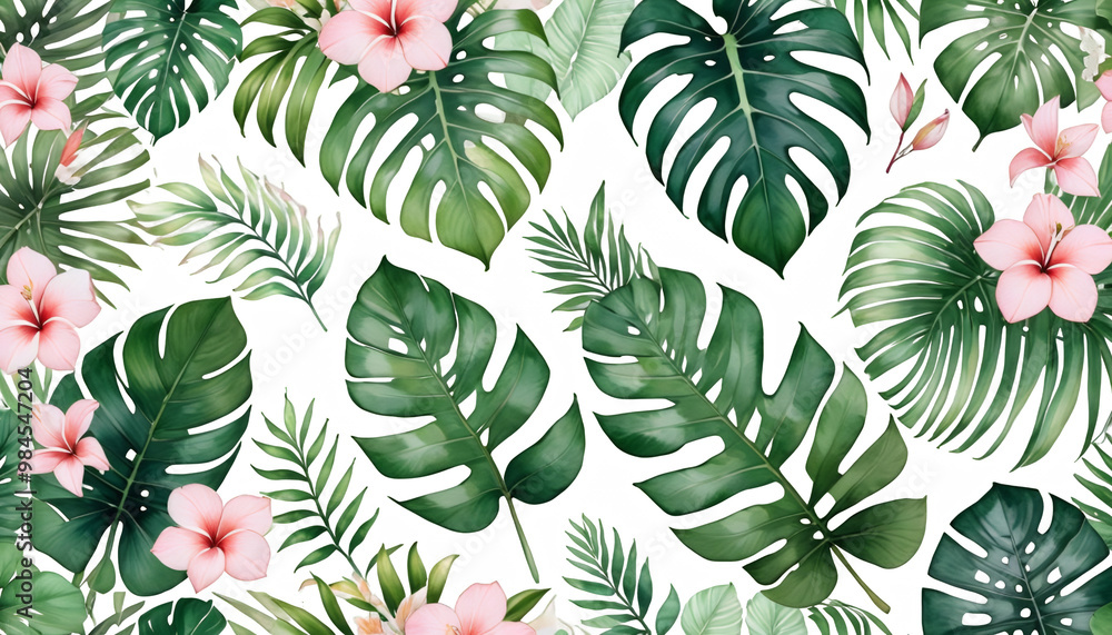 foliage pattern jungle green seamless leaves hand flowers white tropical painted floral tropic background illustration border blush watercolor abstract background reddening border botanical tree