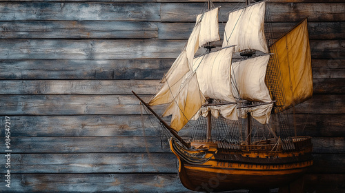 A traditional ship model displayed against a rustic wooden backdrop on Columbus Day