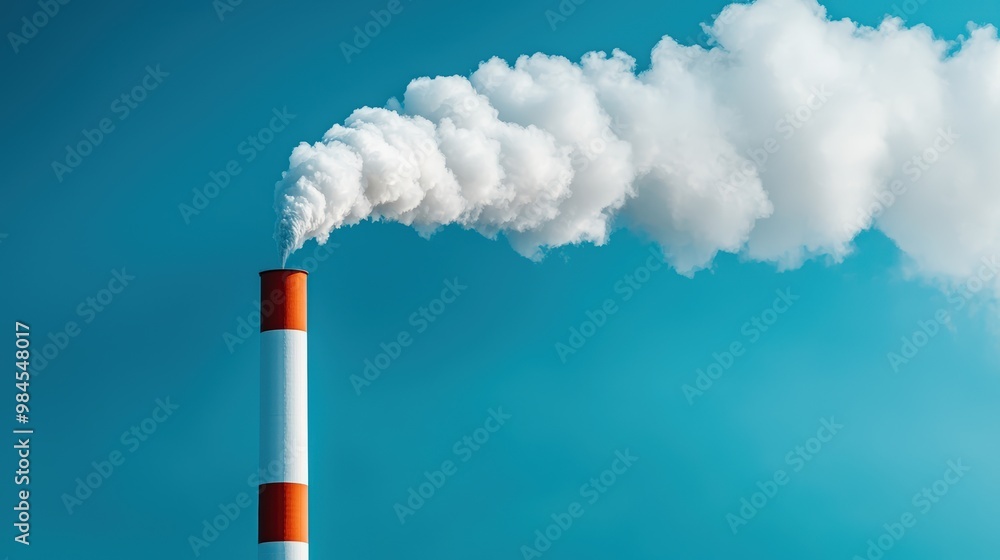 A tall, red and white chimney with smoke coming out of it A tall, red and white chimney with smoke coming out of it