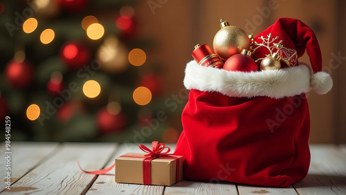 Large open red santa claus bag with lot of gifts, festive christmas card, space for text, festive golden blurred background