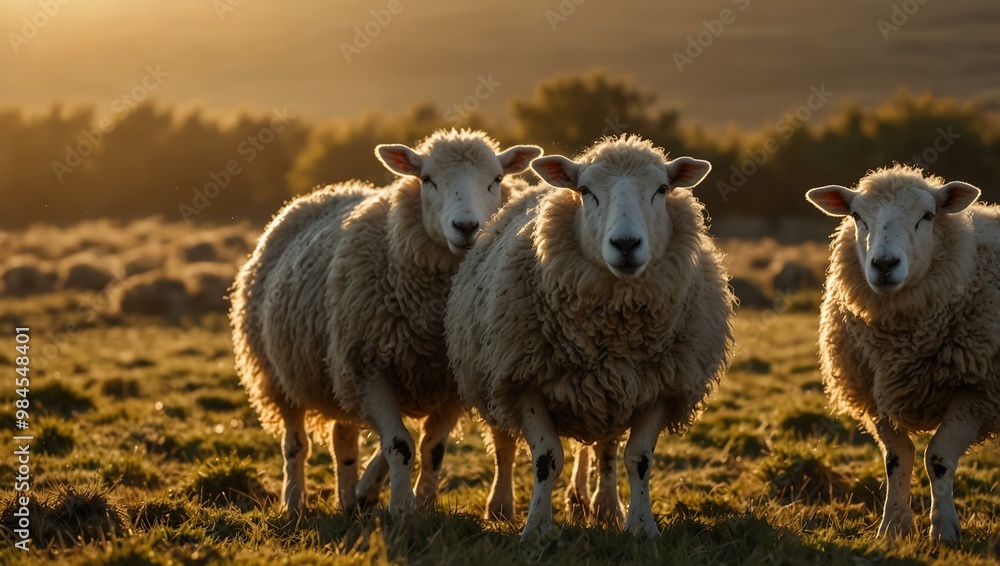 Flock of sheep grazing under golden sunlight, one facing the camera. Flock of sheep grazing under golden sunlight, one facing the camera.