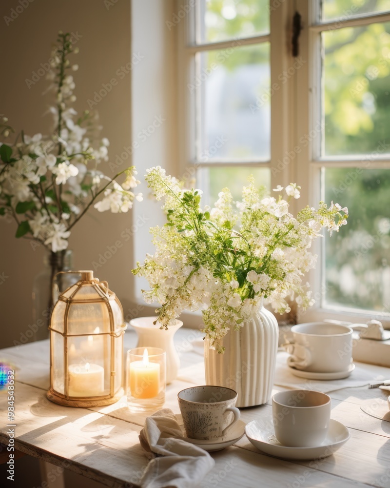 A cozy table setting featuring delicate flowers, candles, and neatly arranged cups invites tranquility, Perfect for lifestyle blogs, home decoration, or wellness themes, A cozy table setting featuring delicate flowers, candles, and neatly arranged cups invites tranquility, Perfect for lifestyle blogs, home decoration, or wellness themes,