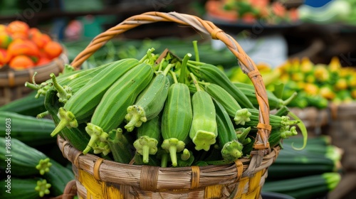 Fresh Okra in a Basket at a Market photo