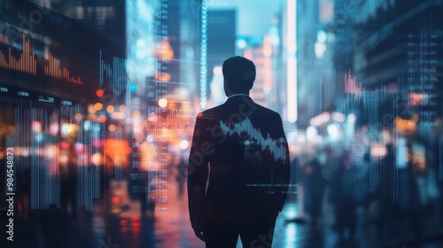 A silhouette of a businessman in a city, overlaid with financial data and graphs.