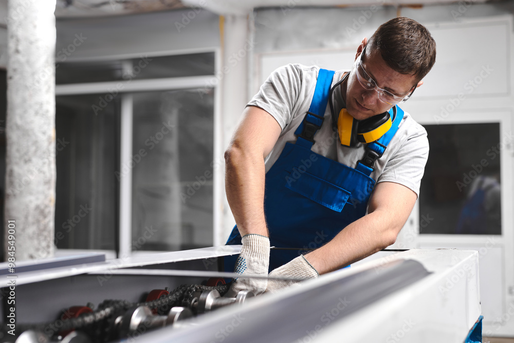 Professional engineer man in blue uniform works in factory. Rolled metal, metal processing and manufacturing of metal fence Professional engineer man in blue uniform works in factory. Rolled metal, metal processing and manufacturing of metal fence