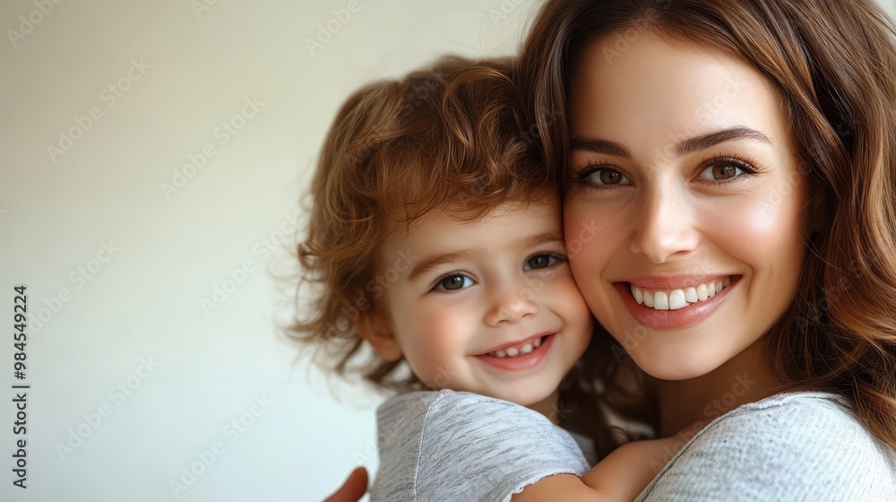 A joyful mother holding her smiling child close in a warm embrace against a simple white background on a bright day