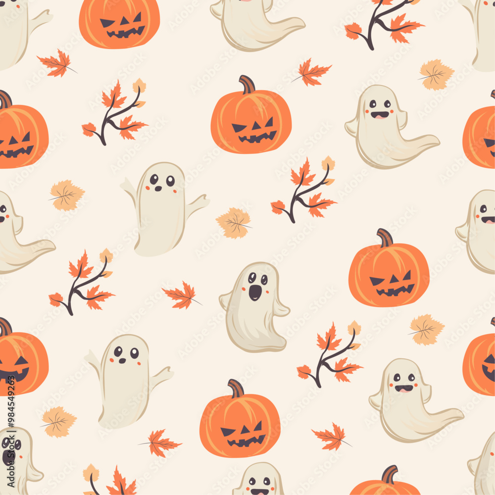 Happy Halloween Set of cute Halloween Seamless set with pumpkin, ghost and autumn leafs. Halloween, trick or treat. Vector illustration in flat style isolated. Happy Halloween Set of cute Halloween Seamless set with pumpkin, ghost and autumn leafs. Halloween, trick or treat. Vector illustration in flat style isolated.
