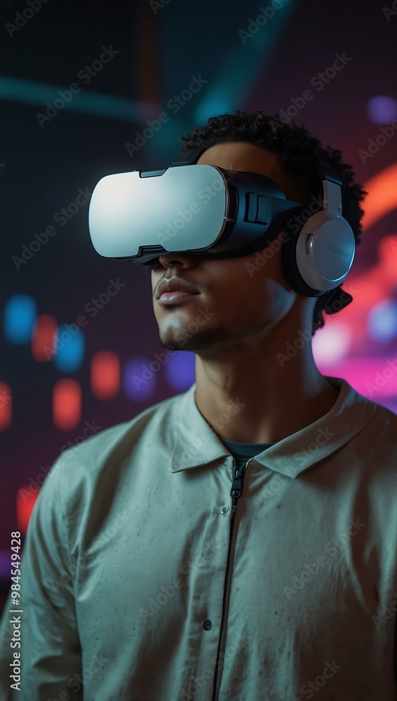 Focused individual experiencing virtual reality in a vibrant, futuristic setting. Focused individual experiencing virtual reality in a vibrant, futuristic setting.