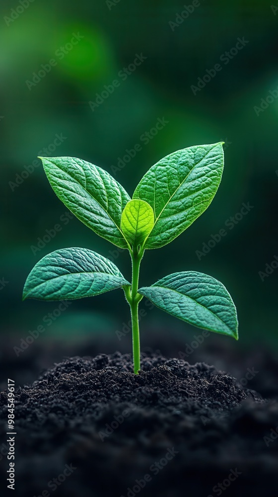 Naklejka premium A vibrant green sprout emerging from dark soil, symbolizing growth and new beginnings in nature.