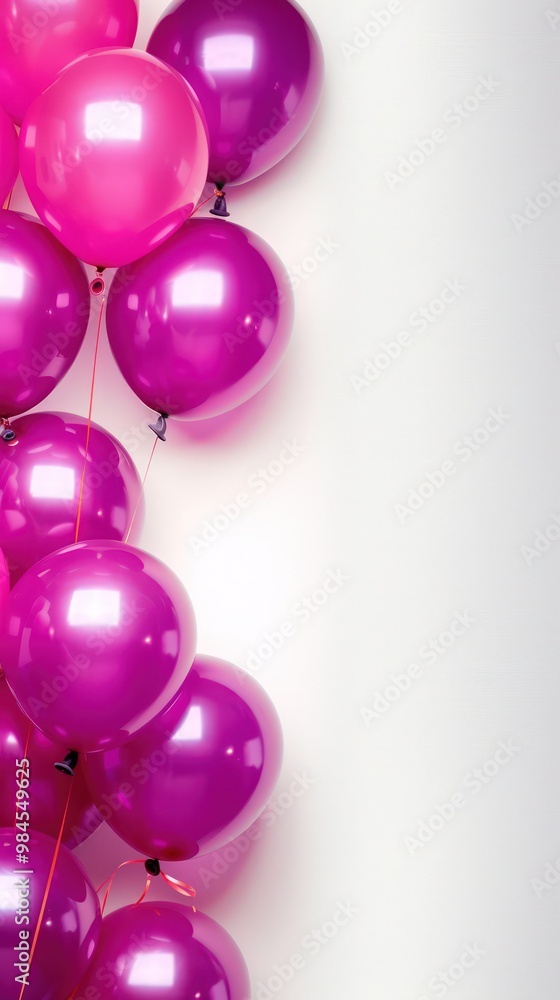 Many magenta balloons isolated on the right of a white background with empty copy space for text. Many magenta balloons isolated on the right of a white background with empty copy space for text.