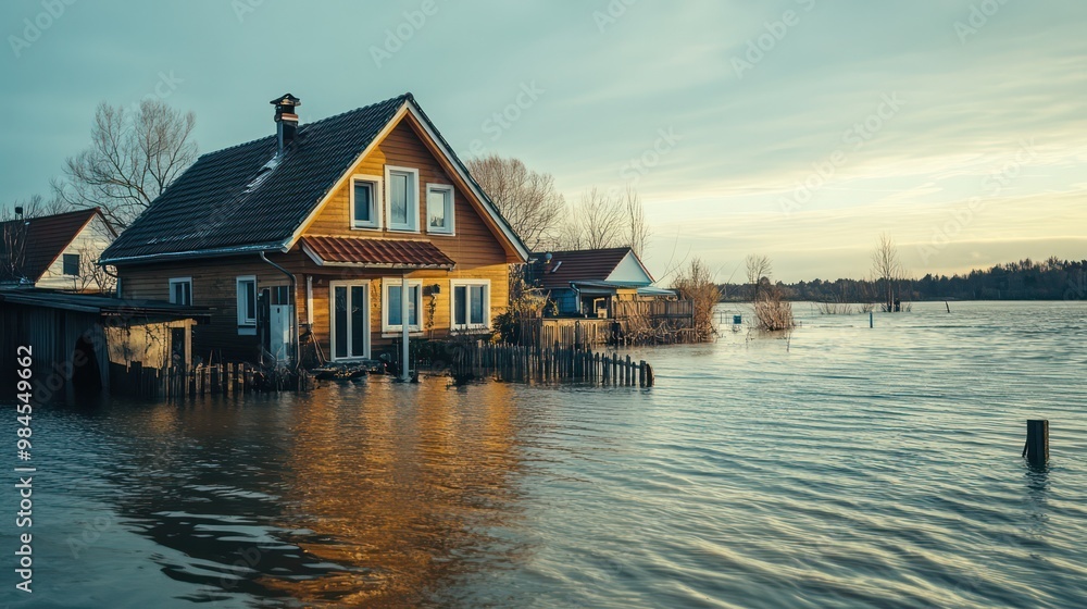 Climate change impact on coastal areas, with flooding and rising water levels encroaching on homes Climate change impact on coastal areas, with flooding and rising water levels encroaching on homes