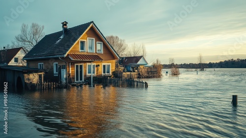 Climate change impact on coastal areas, with flooding and rising water levels encroaching on homes