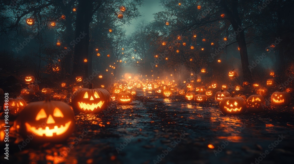 A misty path lined with glowing jack-o'-lanterns for Halloween. A misty path lined with glowing jack-o'-lanterns for Halloween.