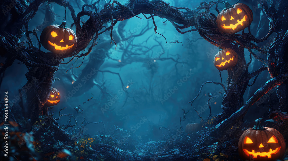 A frame made of twisted tree branches, with glowing jack-o-lanterns at the top and bottom. A frame made of twisted tree branches, with glowing jack-o-lanterns at the top and bottom.