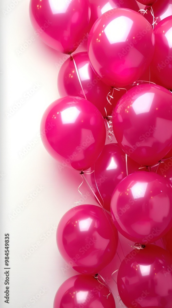 Many magenta balloons isolated on the right of a white background with empty copy space for text. Many magenta balloons isolated on the right of a white background with empty copy space for text.