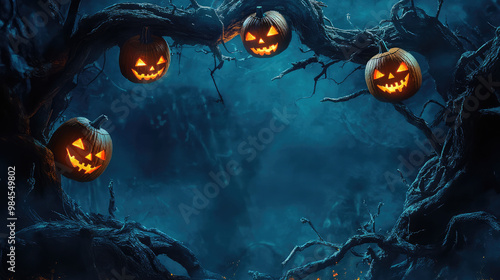 A Halloween scene with a tree with four pumpkins hanging from it
