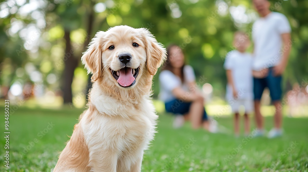 An adorable puppy sitting in a lush green park, interacting with happy family members in the background. The image showcases the bond between pets and their owners, with bright colors and a warm An adorable puppy sitting in a lush green park, interacting with happy family members in the background. The image showcases the bond between pets and their owners, with bright colors and a warm