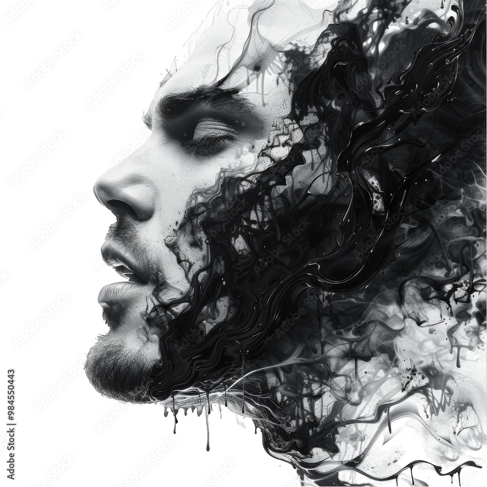 Fototapeta premium A black and white abstract portrait of a man with paint-like swirls covering his face.