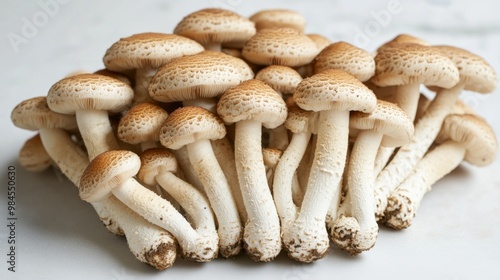 A pile of Shimeji mushrooms neatly arranged on a white surface, highlighting their natural organic shapes and smooth caps.