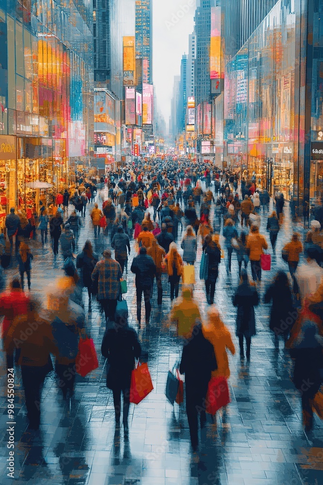 Obraz premium Blurry people with colorful bags rushing to the autumn sales. The concept of discounts, black Friday sales