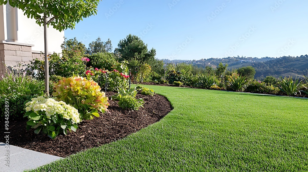 Obraz premium A beautifully manicured garden featuring vibrant flowers and lush greenery, showcasing intricate landscaping design elements. The scene captures the essence of nature with a clear blue sky as the